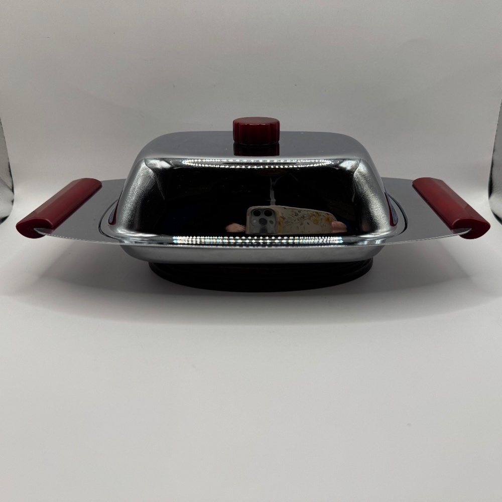 MCM Glo-Hill Gourmates Canada Chrome and Cherry Red Bakelite Butter Dish